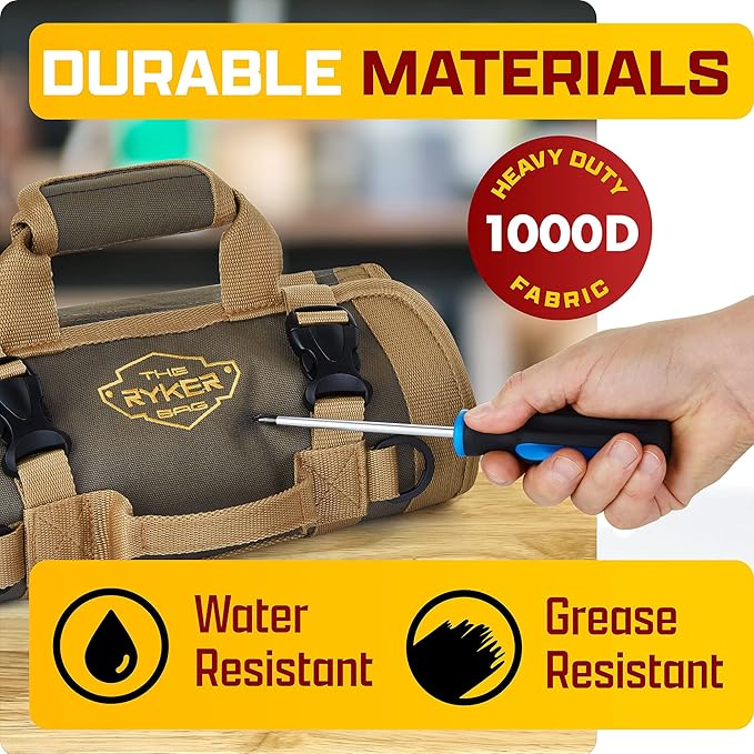 The Ryker Roll Up Tool Bag Organizer Gifts for Dad. Heavy Duty Motorcycle Tool Roll Bag Organizer. Portable Rollup Toolbag w/Detachable Pouches - Tools Bags Mens gifts for him/Mechanic (Khaki+Black)