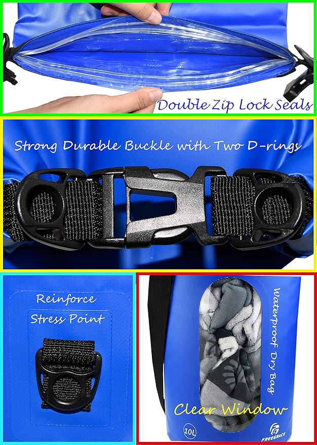 Waterproof Dry Bags Set Of 3 Dry Bag With 2 Zip Lock Seals & Detachable Shoulder Strap, Waist Pouch & Phone Case - Can Be Submerged Into Water - For Swimming (Navy Blue(Window), 10L)