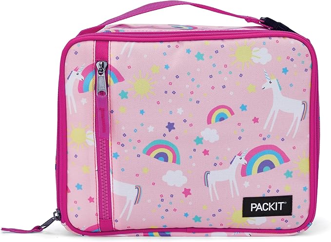 PackIt Freezable Classic Lunch Box, Unicorn Sky Pink, Built with EcoFreeze Technology, Collapsible, Reusable, Zip Closure With Zip Front Pocket and Buckle Handle, Perfect for School Lunches