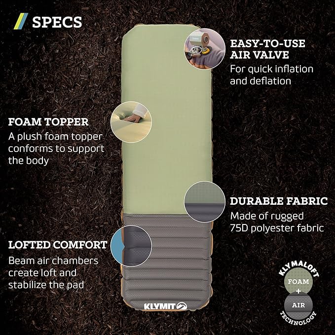 Klymit Klymaloft Lofted Hiking and Backpacking Air Bed, Inflatable Sleeping Pad for Camping with Memory Foam,Green