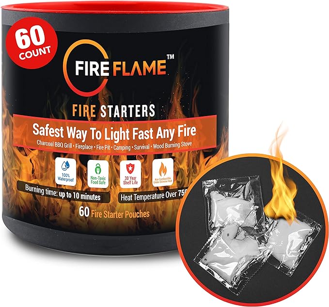 Fireflame Quick Instant Fire Starter - 100% Waterproof All-Purpose Indoor & Outdoor Firestarter, for Charcoal Starter, Campfire, Fireplace, BBQ - Odorless and Non-Toxic - 60 Pouches in Canister