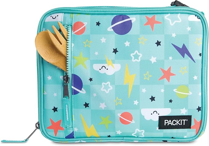 PackIt Freezable Classic Lunch Box, Happy Clouds, Built with ECOFREEZE Technology, Fully Freezable, Collapsible, Reusable, With Zip Front Pocket and Buckle Handle, Designed for Fresh Lunch On the Go