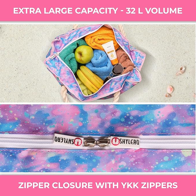 SHYLERO Beach Bag and Pool Bag. Has Airtight Pouch, Ton of Pockets. Beach Tote is Zippered, Water Resistant. Family Size