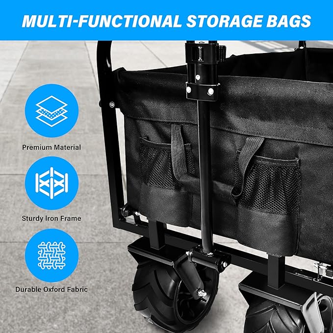 YSSOA Collapsible Folding Wagon Cart, Beach Wagon for Sand with Big Wheels, Heavy Duty Foldable Utility Wagon, Portable Garden Cart with Adjustable Handle, Foldable Grocery Wagon for Camping Sports