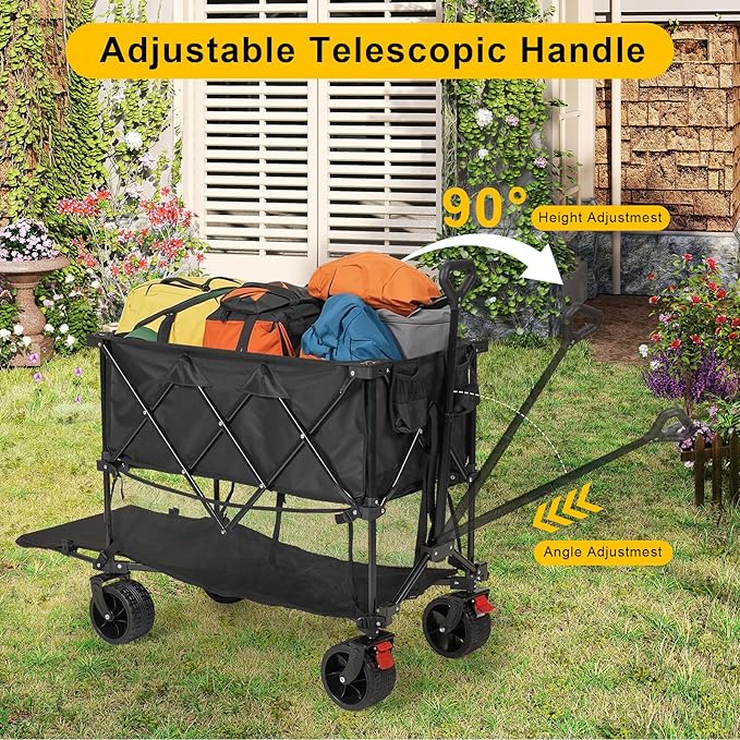 Heavy Duty Collapsible Beach Wagon Cart - 600LBS Capacity Pro-Grade Folding Utility Cart with Extra-Wide All-Terrain Wheels, Locking Brakes Wagon for Camping, Stadium Gear, Beach Transport, Groceries