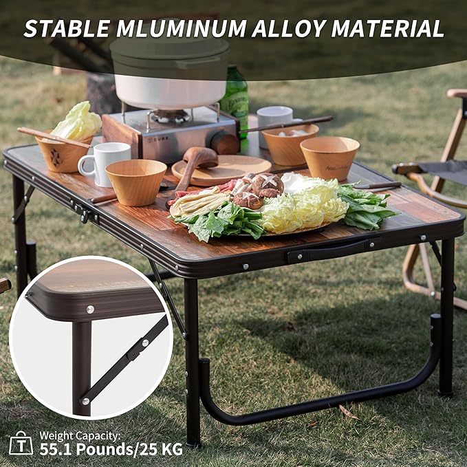 Naturehike Folding Camping Table, Portable Tables with Adjustable Legs, 20.87×15.75×9.05 Inch Foldable Camp Pinic Tables with Carry Bag for Outdoor Camping, BBQ, Travel - Small Wooden