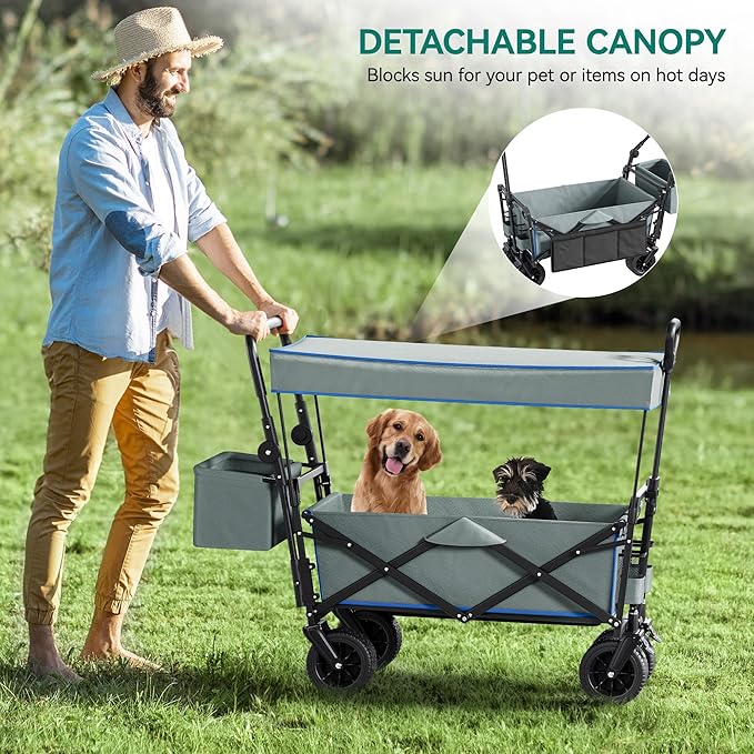 YITAHOME Large Collapsible Garden Cart w/Removable Canopy, Heavy Duty Outdoor Foldable Garden Cart w/Rear Storage and Flexible Swivel Wheels for Shopping, Picnic, Camping, Sports,Grey