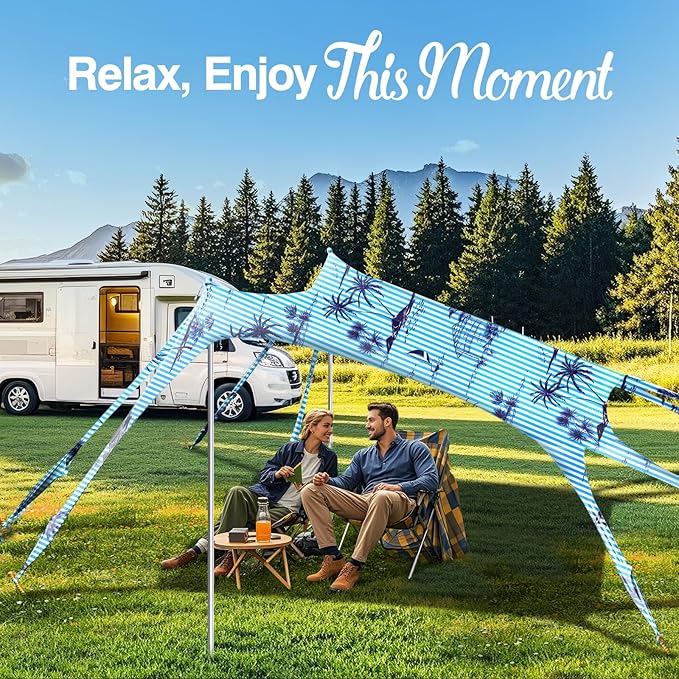 Rhino Valley Beach Tent Sun Shelter, 10x10FT Beach Canopy Tent Sun Shade UPF50+ Protection with 8 Sandbags 4 Stability Poles, Outdoor Beach Shade Canopy 6-8 People for Beach Camping Fishing
