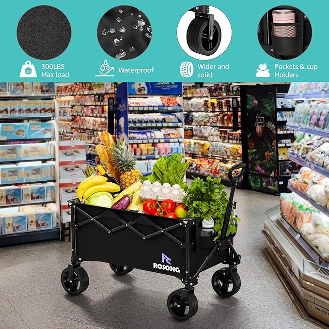 Folding Wagon Cart with Wheels Foldable - Collapsible Wagons Carts Heavy Duty, Fold Up Portable Utility Wagon for Grocery Beach Sports Fishing Camping Shopping, Carrito para Cargar Cosas Con Ruedas