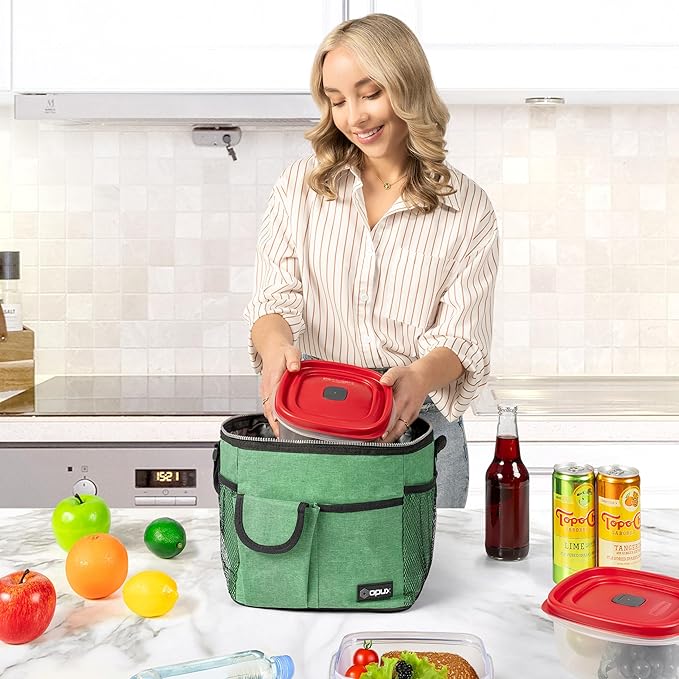 opux Insulated Lunch Bag for Men Women, Leakproof Heather Green Lunch Box for Work, Portable Soft Lunch Cooler Bag with Shoulder Strap, Adult Lunchbox Lunch Pail for Kid Boy Girl School, 18 Can/10L