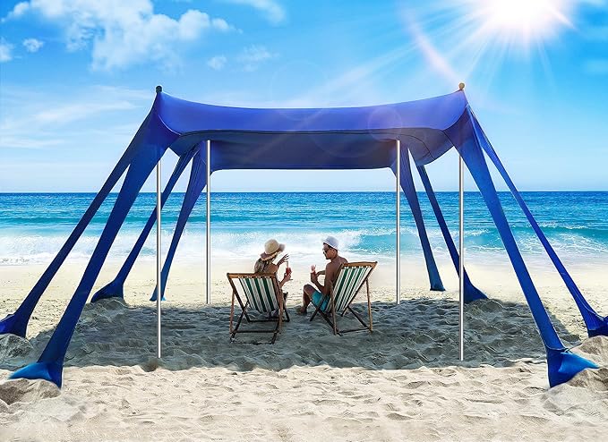 Beach Tent, Beach Canopy Sun Shade with UPF50+ UV Protection, 10x10ft, Includes 8 Sandbags, Sand Shovel, Ground Pegs & 4 Stability Poles, Pop Up Sun Shelter for Camping, Picnics, Backyard Fun
