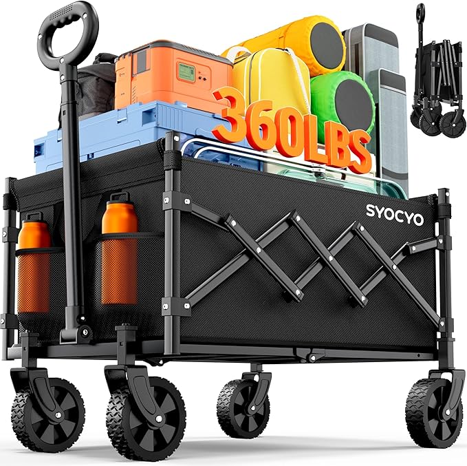 Collapsible Wagon Cart 360lbs Beach Foldable Wagon Lightweight & Portable Folding Utility Grocery Shopping Carts with Wheels for Shopping Sports Garden Camping and Beach