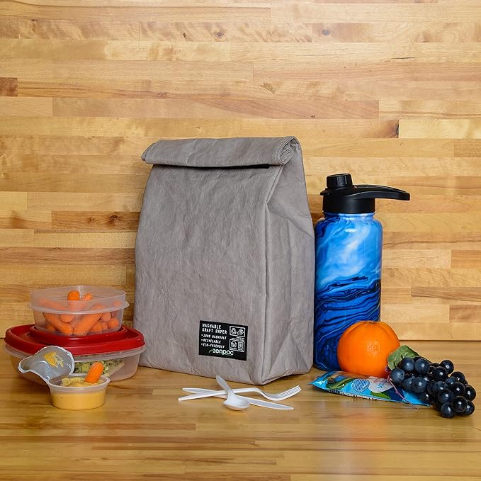 ZENPAC Small Silver Insulated Bag, Lunch Box for Men, Unisex, Designer Kraft, Washable, Spill Proof Sandwich Sack for Work, School, Picnic, 8.5x4.5x12