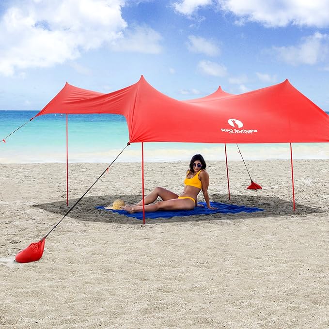 Red Suricata Family Beach Tent & Canopy, UPF50 Sun Shade, 4 Aluminum Poles, Sand Shovel, Large Portable Sun Shelter