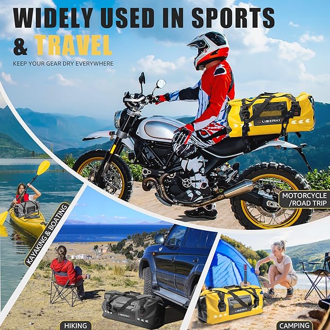 LIBZAKI High-Vis Waterproof Duffel Bag - PVC Rolltop Dry Bag with Locking Straps for Motorcycle Travel, Beach & Emergency Gear 70L Black/Yellow