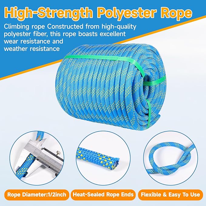 Rigging Rope 1/2 in x 150 Ft Double Braided Polyester Rope Polyester Braided Arborist 48 Strands for Various Outdoor Applications Construction Climbing Swing Sailing (Blue, 1/2X200FT)