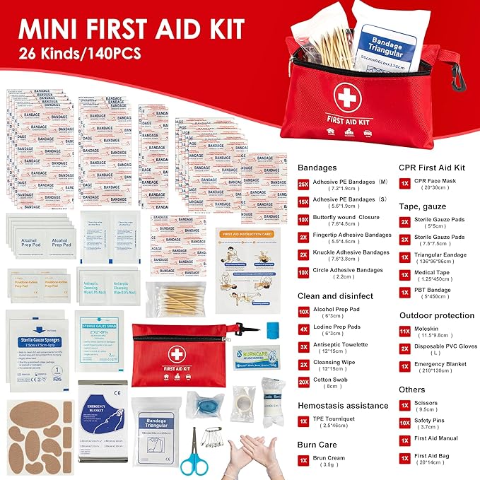 Mini First Aid Kit, Upgraded 140 Pieces First Aid Kit for Car, Essential Home Emergency Kit, Portable Compact Medical Kit for Kitchen, Office, Vehicle, Outdoor, Camping, Hiking