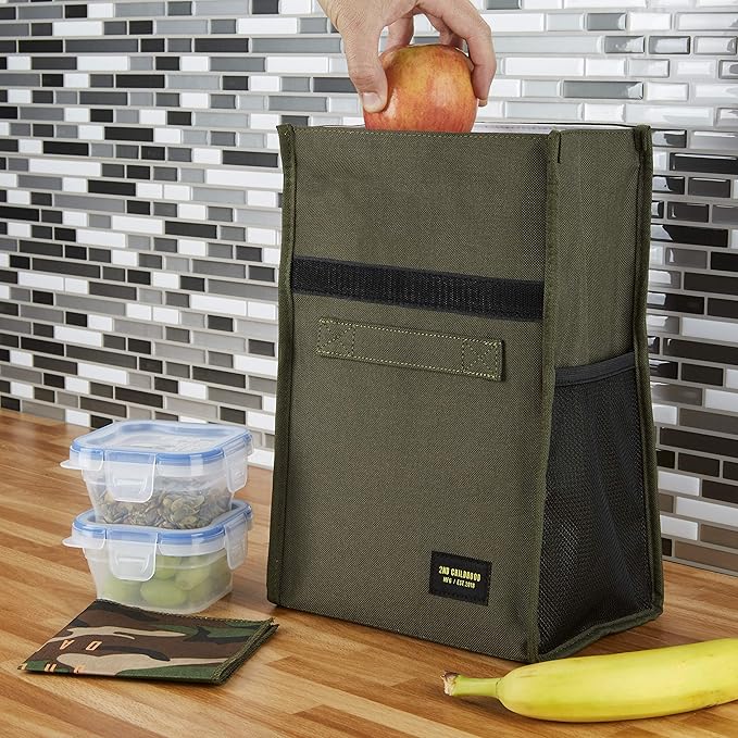 Insulated Lunch Bag for Men and Women; Rolltop Lunch Box with 2 Side Mesh Pockets and 1 Exteral Slip Pocket (Olive)