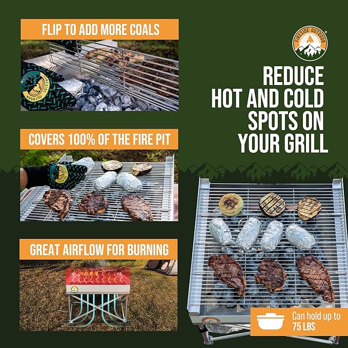 Fireside Outdoor Pop-Up Fire Pit Grilling Grate-Folding Grill Design for Outdoor Cooking, Portable Fire Pit Grill Grates, Camping Cooking, Foldable Campfire Grill Grate- Quad-Fold Folding Grill Grates