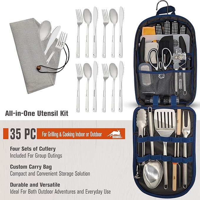 BOMKI Grilling and Camping Cooking Utensils Set for The Outdoors BBQ - Camping Utensil Set Camping Kitchen Set Cookware Accessories Camping Essentials Camping Stuff Camp Cooking Set (Blue Pro)