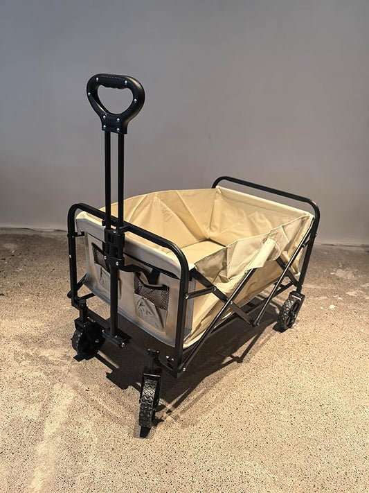VIC Beige Collapsible Folding Wagon, Beach Wagon Cart Heavy Duty 170LBs Foldable, Utility Grocery Wagon with Side Pocket for Camping Garden Sports, L4