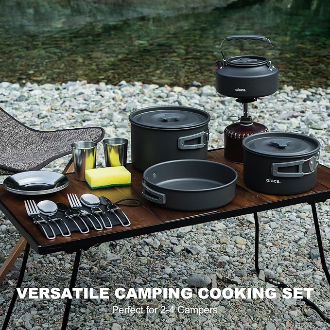 Alocs 17pcs Camping Cookware Camp Kitchen Set with Kettle, Aluminum Camping Cooking Set Backpacking Gear for Hiking,Traveling,Climbing and Picnic