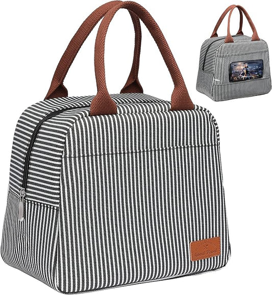 Bagseri Insulated Lunch Bag Women - Lunch Bag for Women Men Reusable Lunch Box Leakproof Thermal Cooler Sack Food Handbags Case High Capacity for Work and Picnic (Black White Stripe)