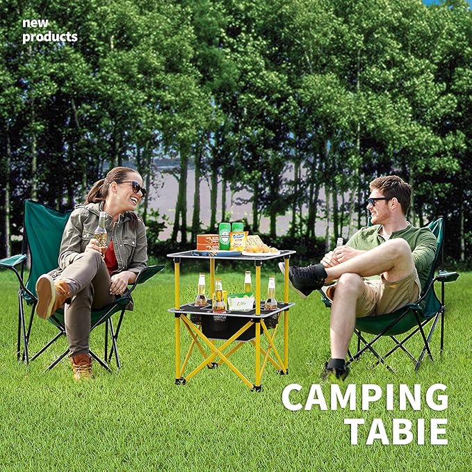 Folding Camping Table with 4 Cup Holders, Lightweight Portable Beach Outdoor Picnic Table, Square Camp Table with Built-in Food Basket Travel Bag for BBQ, Camping, Tailgate