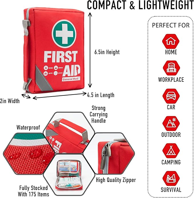 General Medi First Aid Kit - Small Compact First Aid Kit Bag(175 Piece) - Reflective Bag Design- Includes Instant Cold Pack, Emergency Blanket for Travel, Home, Office, Vehicle,Camping