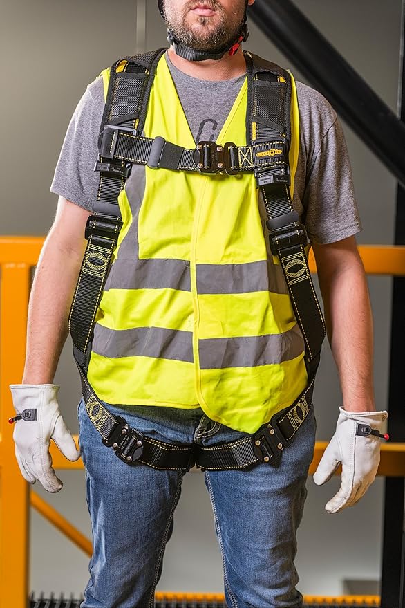 Guardian 21046 Cyclone Construction Harness with Comfort Shoulder Padding |Quick Connect Leg|OSHA & ANSI Compliant | Black/Yellow | M-L