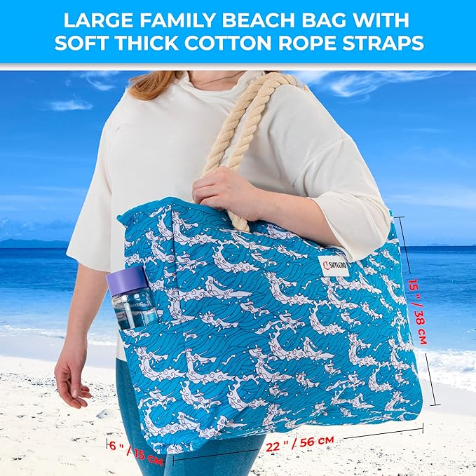 SHYLERO Beach Bag and Pool Bag. Has Airtight Pouch, Ton of Pockets. Beach Tote is Zippered, Water Resistant. Family Size