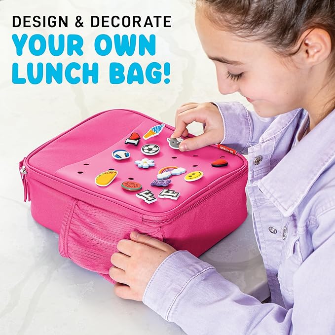 Fit & Fresh Charm Lunch Bag For Kids, Thermal Insulated Lunch Box For Kids Boys & Girls With Shoe Charm Slots For Personalization, School Lunch Box, Pink
