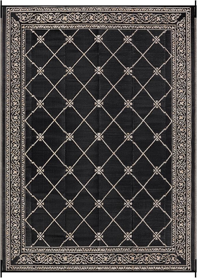 Outdoor Rug 8'x10' for Patios Waterproof Patio Rugs Outdoor Mats for Front Porch,Beach Mat,Reversible Plastic Straw Camping Rugs for Outside RV,Deck,Balcony,Backyard，Black&Beige