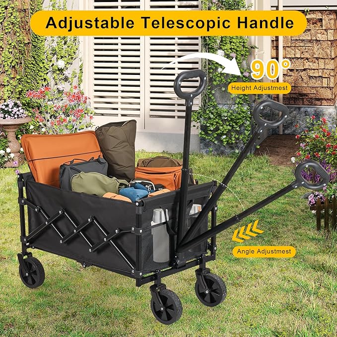 Heavy Duty Collapsible Wagon Cart, 360LBS 100L Foldable Utility Cart with Durable Wheels & Adjustable Handle, Portable Folding Wagon for Groceries, Camping, Sports, Beach, Garden, Shopping