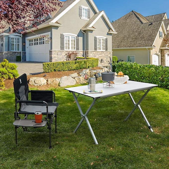 EVER ADVANCED Folding Camping Table, Aluminium Roll Up Table for Different Terrains, Collapsible Table for 4-6 People, Fold Up Lightweight with Carry Bag for Picnic Garden BBQ, Silver, 130LBS