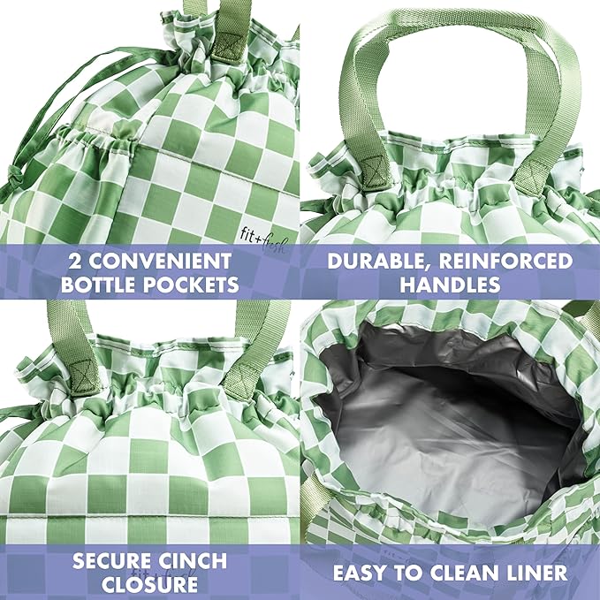 Fit & Fresh Lunch Bag For Women, Insulated Womens Lunch Bag For Work, Stain-Resistant Large Lunch Box For Women With Containers, Cinch Closure Cromwell Pistachio Checker Board