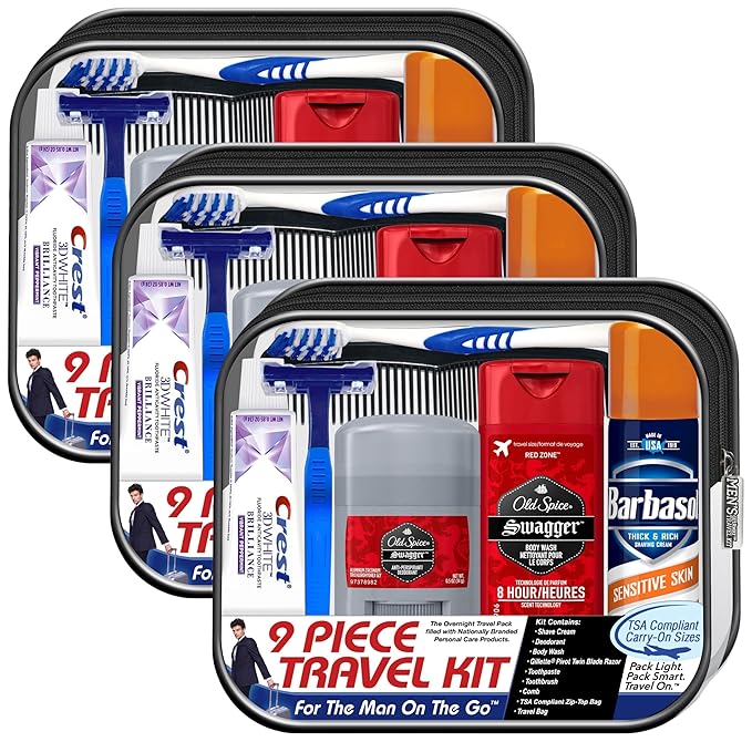 Convenience Kits International Men's Deluxe, 9-Piece Kit with Travel Size TSA Compliant Essentials, Featuring: Old Spice Products in Reuseable Toiletry Bag (Pack of 3)