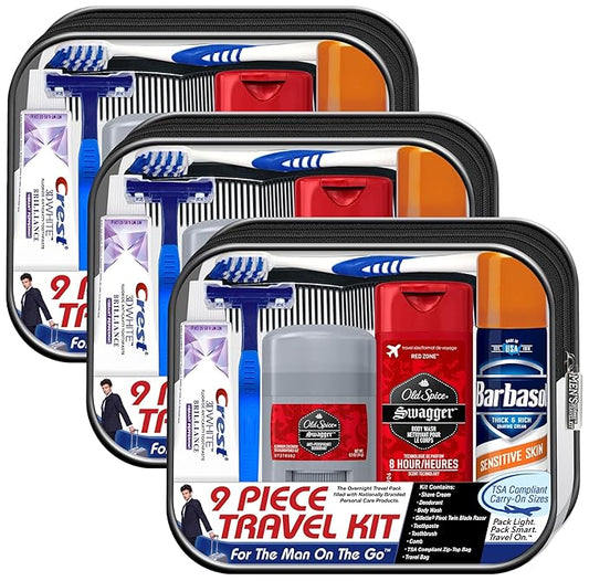 Convenience Kits International Men's Deluxe, 9-Piece Kit with Travel Size TSA Compliant Essentials, Featuring: Old Spice Products in Reuseable Toiletry Bag (Pack of 3)