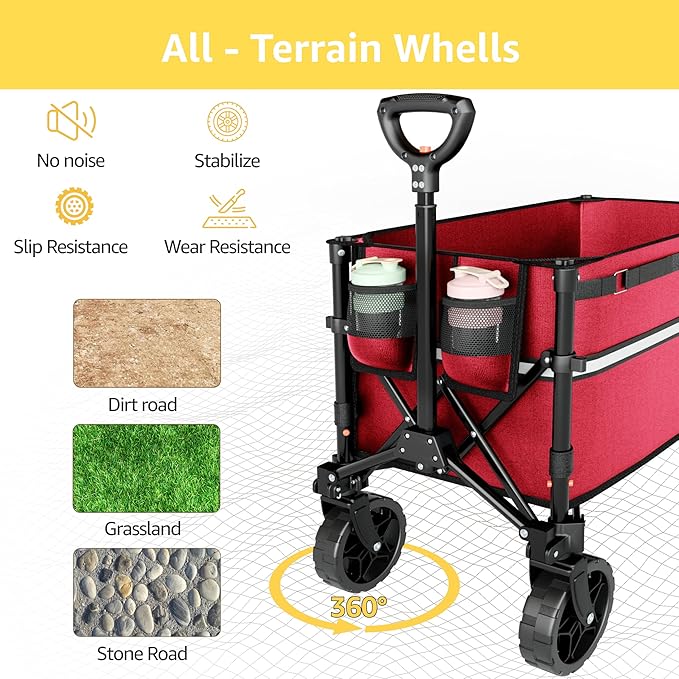 Collapsible Wagon Cart with Wheels Foldable - Folding Utility Heavy Duty Wagons Carts for Grocery Sports Garden Shopping Camping Wheelbarrows, Burgundy