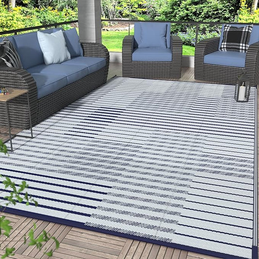 GENIMO Outdoor Rug for Patio Clearance, 6'x9' Waterproof Camping Mat, Reversible Plastic Straw Rugs for RV, Camper, Balcony, Backyard, Picnic, Deck (Blue&White)