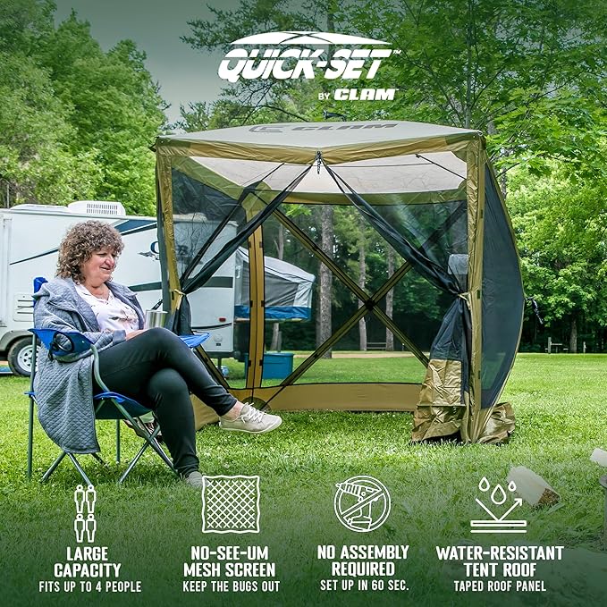 CLAM Quick Set Traveler 6x6Ft Portable Outdoor 4 Sided Canopy Shelter, Green/Tan + Clam Quick Set Screen Hub Tent, Accessory Only, Green (3 Pack)