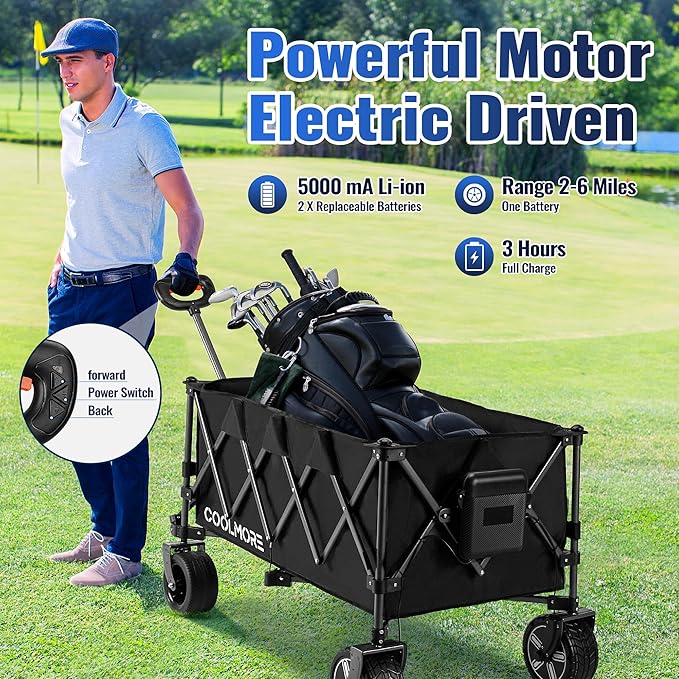 Electric Collapsible Utility Wagons 330lbs Capacity, Carts Foldable with Wheels Brakes Portable for Beach Garden Outdoor Sports Lounge Heavy Duty Shopping Camping Picnic (Black)