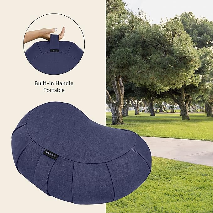 Retrospec Sedona Zafu Meditation Cushion Filled w/Buckwheat Hulls - Yoga Pillow for Meditation Practices - Machine Washable 100% Cotton Cover & Durable Carry Handle; Crescent, Midnight