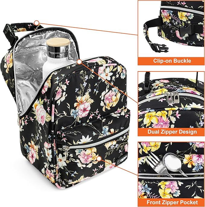 opux Lunch Box for Girls Boys Kids, Insulated Leakproof Lunch Bag, Reusable Teen Lunch Boxes for School, Medium Large lunchbox for Women Men Adult for Work with Front Back Pocket (Floral Black)