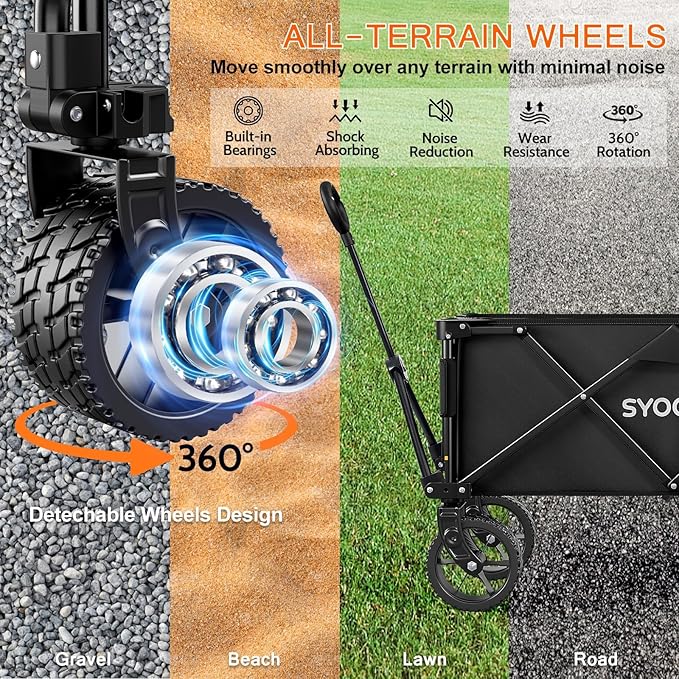 Collapsible Folding Wagon Cart, Heavy Duty Wagon Foldable with 330lbs Weight Capacity, Utility Garden Cart, Beach Wagons with All-Terrain Wheels for Camping, Sports, Shopping, Black