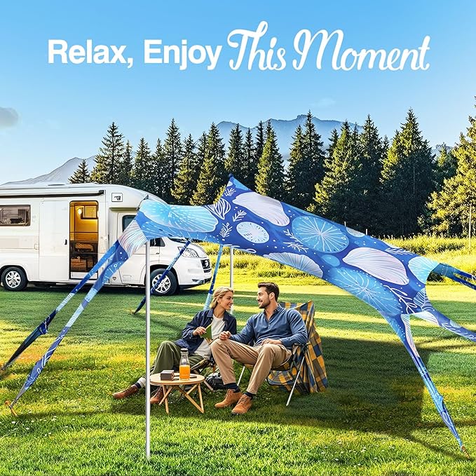 Rhino Valley Beach Tent Sun Shelter, 10x10FT Beach Canopy Tent Sun Shade UPF50+ Protection with 8 Sandbags 4 Stability Poles, Outdoor Beach Shade Canopy 6-8 People for Beach Camping Fishing