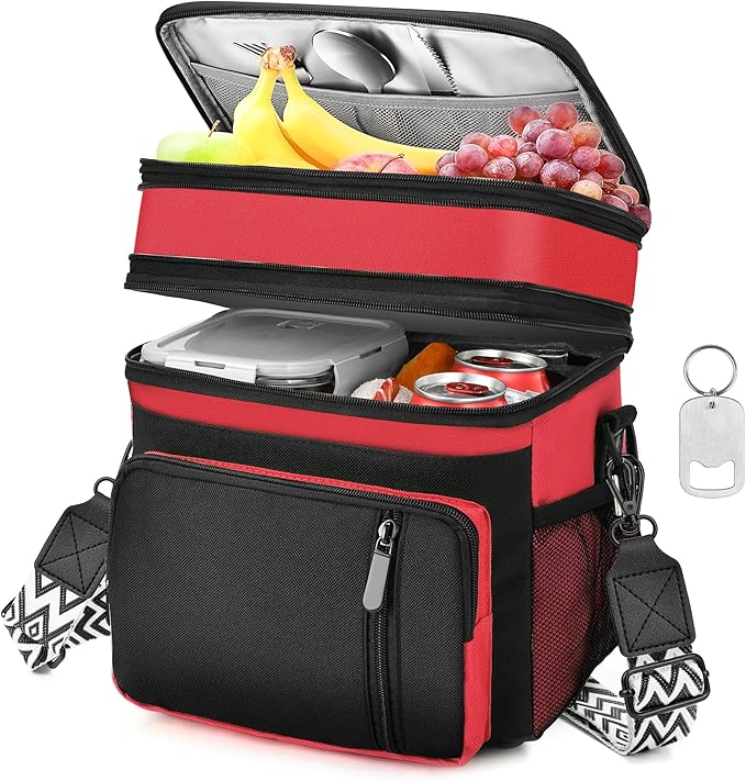LOKASS Lunch Box for Women/Men-16L-Insulated Lunch Bag, Expandable Double-layer Leakproof Cooler Bag with Upgrade Adjustable Shoulder Strap Ideal for Work/Travel/Picnics（Red&Black）