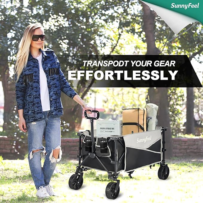 SunnyFeel Heavy Duty Collapsible Outdoor Utility Wagon Cart 300LB Capacity Adjustable Handlebar,Foldable Beach Wheels Stable Durable Oxford Fabric for Shopping Garden Camping (Black & Grey)