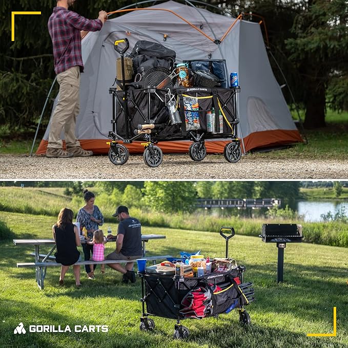 Gorilla Carts Collapsible Folding Utility Wagon Cart w/Oversized Bed, 7 Cu Ft, Black - 150 lb Capacity Outdoor Wheelbarrow w/Zipper Pockets & Built-in Cup Holders for Beach, Camping & Picnic