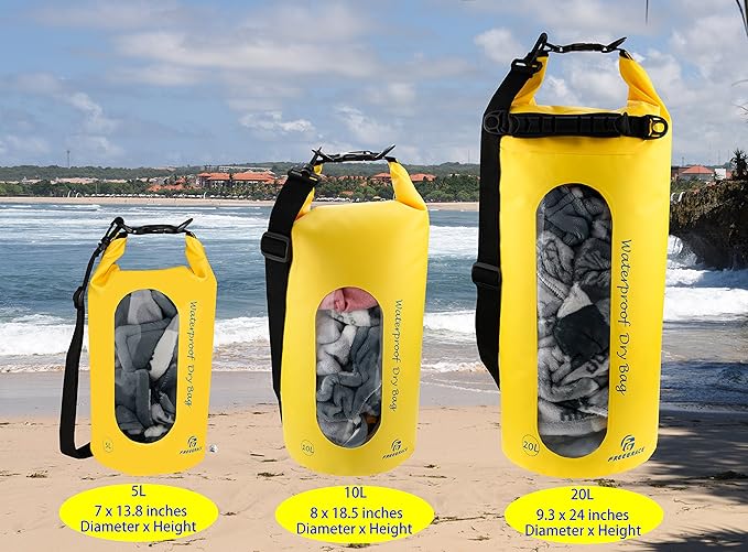 Waterproof Dry Bags Set of 3 Dry Bag with 2 Zip Lock Seals & Detachable Shoulder Strap, Waist Pouch & Phone Case - Can Be Submerged Into Water - for Swimming (Yellow(Window), 20L)